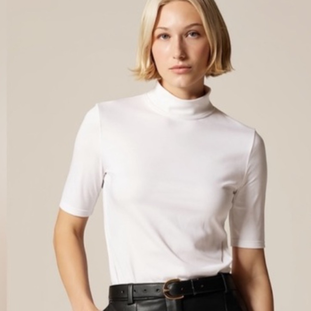 J. CREW Stretch cotton-blend mockneck elbow-sleeve T-shirt‎ in Ivory Size Large